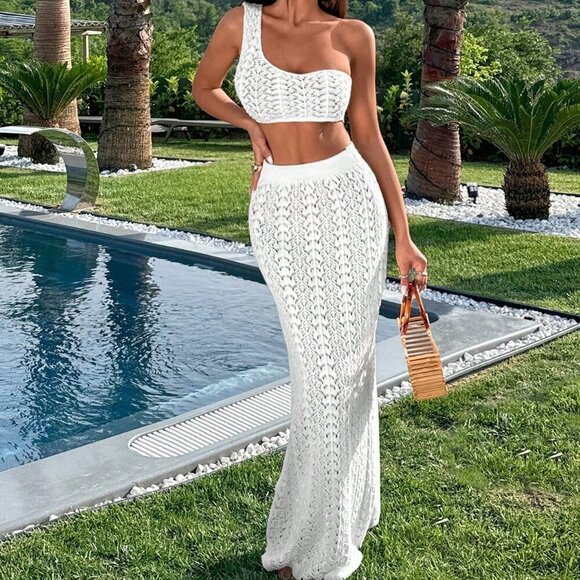 Beige Women's Crochet Hollow-Out Crochet Jacquard Two-Piece Cover Up Set - Picture 1 of 4